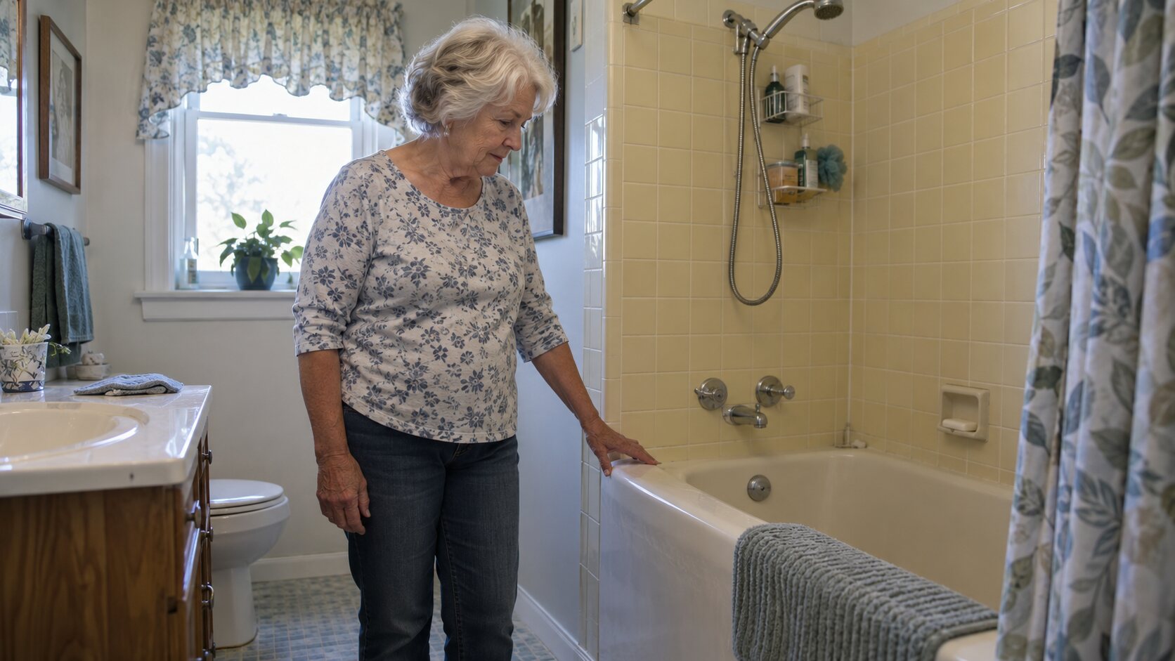 An older homeowner considering the high step into her bathtub