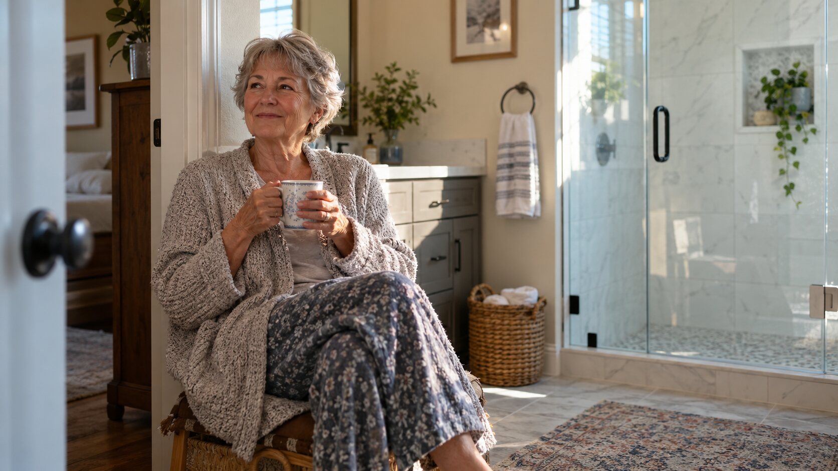 An older homeowner relaxing with coffee in her own home