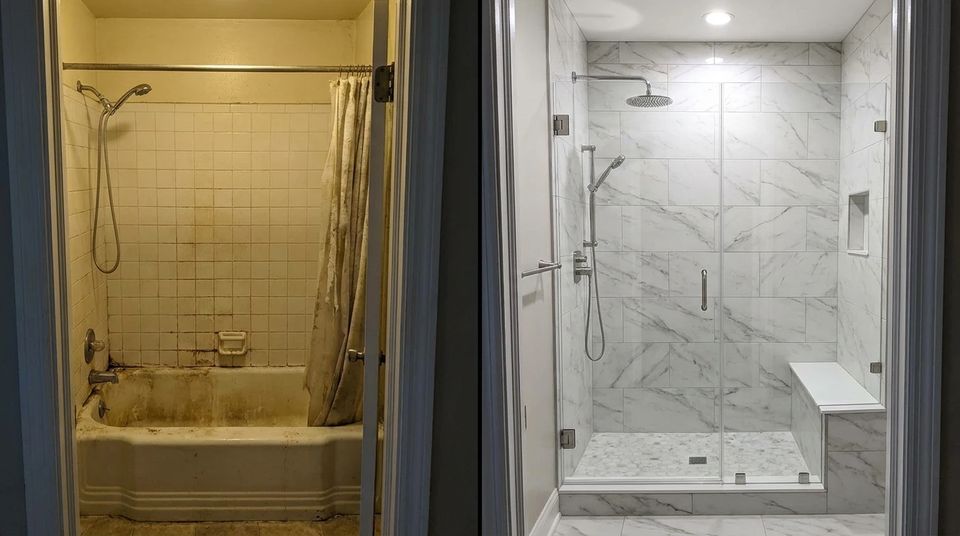 Before: an old tiled tub with a stained shower curtain. After: a marble walk-in shower with a glass door and a built-in bench.