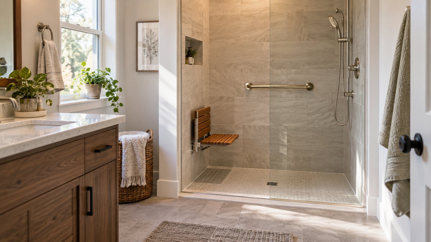 A modern low-threshold walk-in shower with safety features